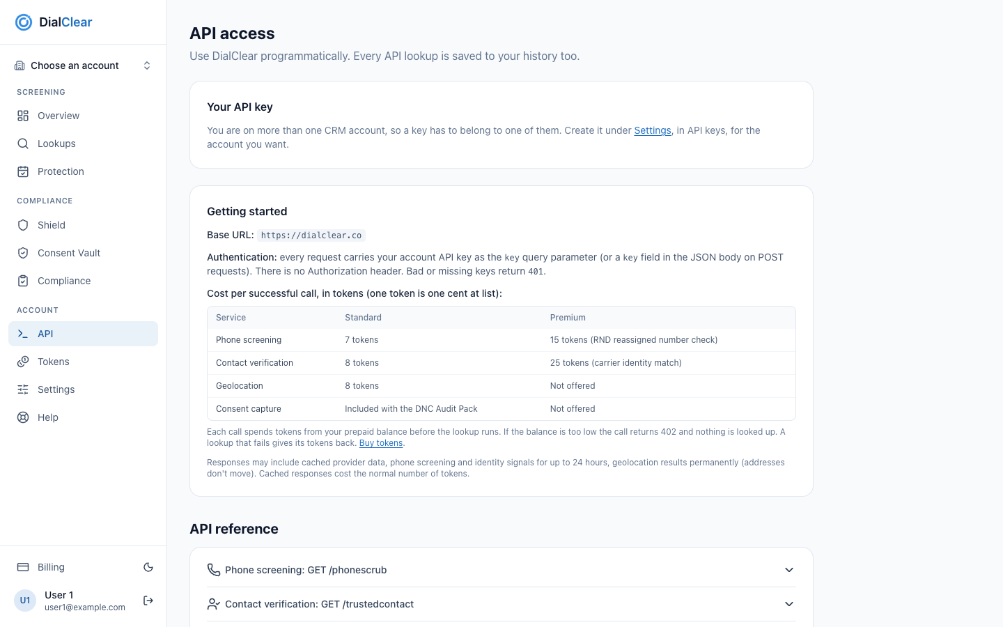 The API access page with the Your API key card, the Getting started card and the start of the API reference.